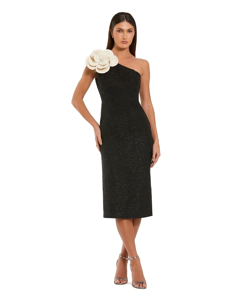 Mac Duggal Women's One Shoulder Boucle Midi Dress With 3D Flower