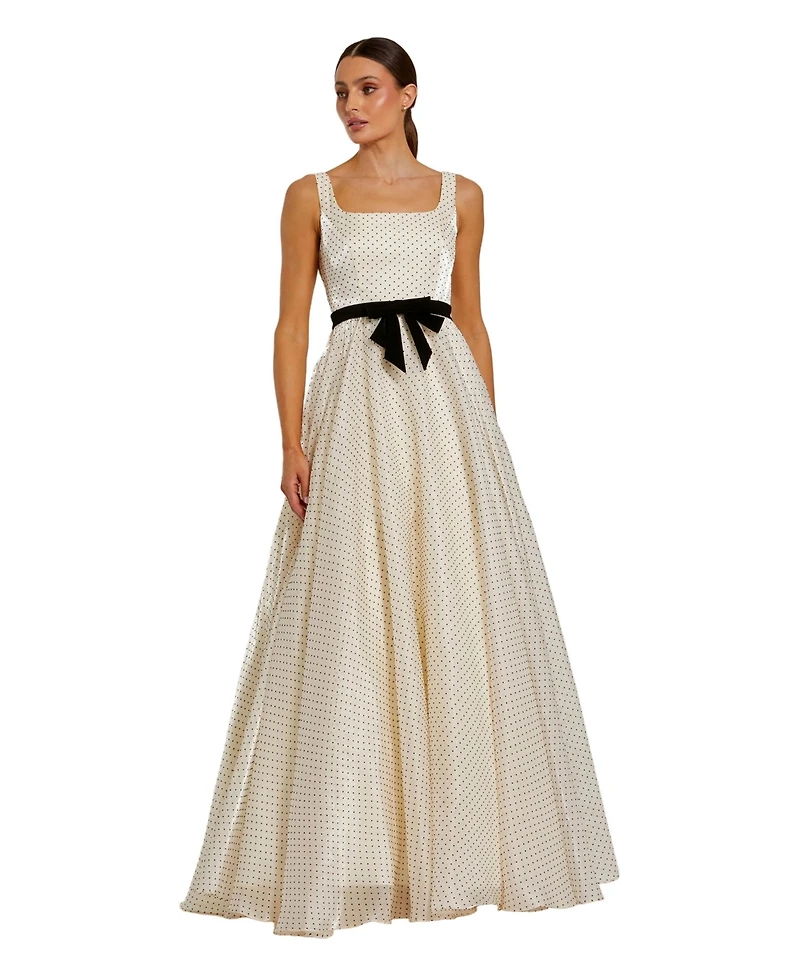 Mac Duggal Women's Polka Dot Organza Square Neck Ballgown with Velvet Bow