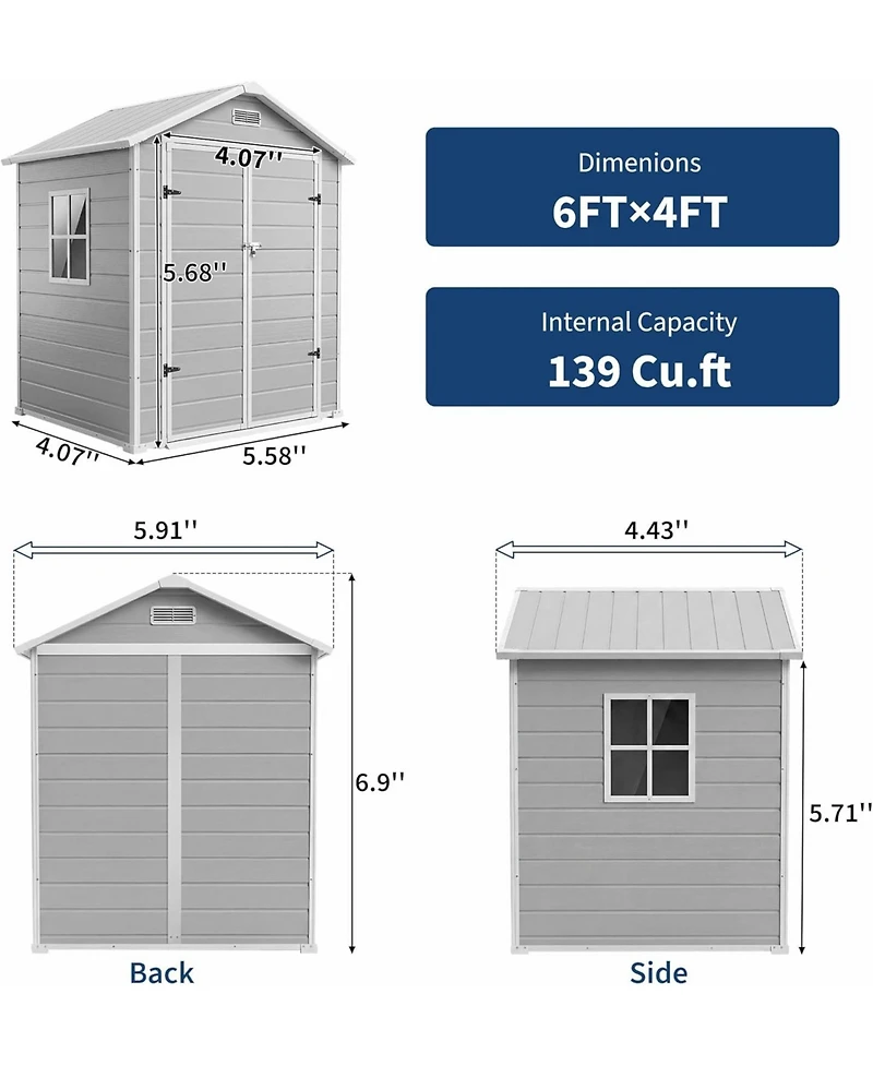 gaomon 6x4 Feet Plastic Outdoor Storage Shed with Floor and Window, Resin Garden Shed with Lockable Door, Double Wall Panels, Vents and Sloped Roof