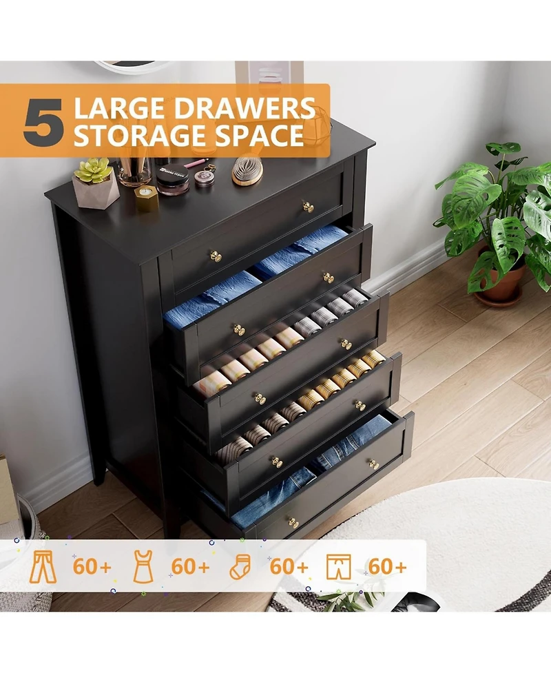gaomon Modern 5 Drawer Wood Dresser, Tall Chest with Handles and Deep Drawers