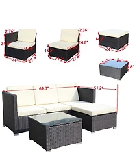 Clihome 5 Piece Pe Rattan Patio Furniture Set, Outdoor Wicker Sectional Sofa with Cushion, Tempered Glass Coffee Table and Ottoman