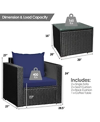 Clihome 3 Pieces Patio Wicker Conversation Set with Thick Removable Cushions