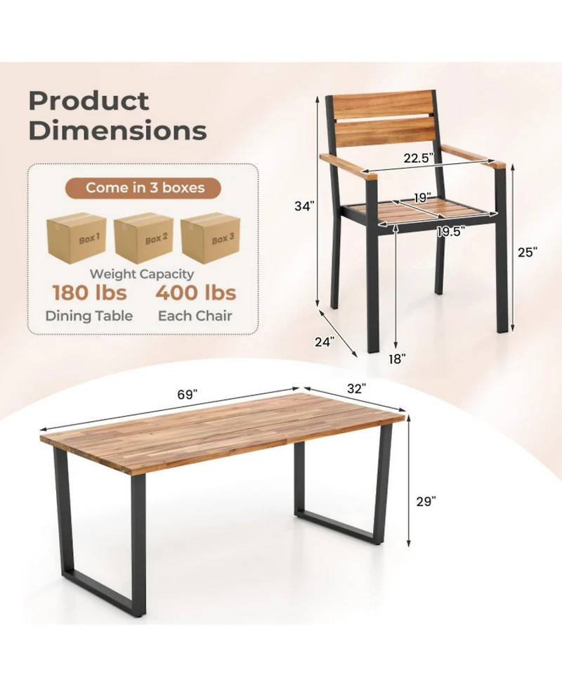 Clihome 7 Pieces Acacia Wood Patio Dining Set with Metal Frame and 2 Inches Umbrella Hole