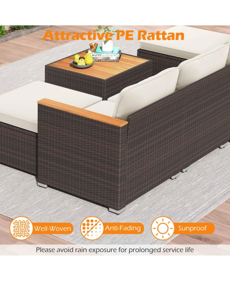 Clihome 7 Pieces Wicker Conversation Set with Wood Armrests for Backyard