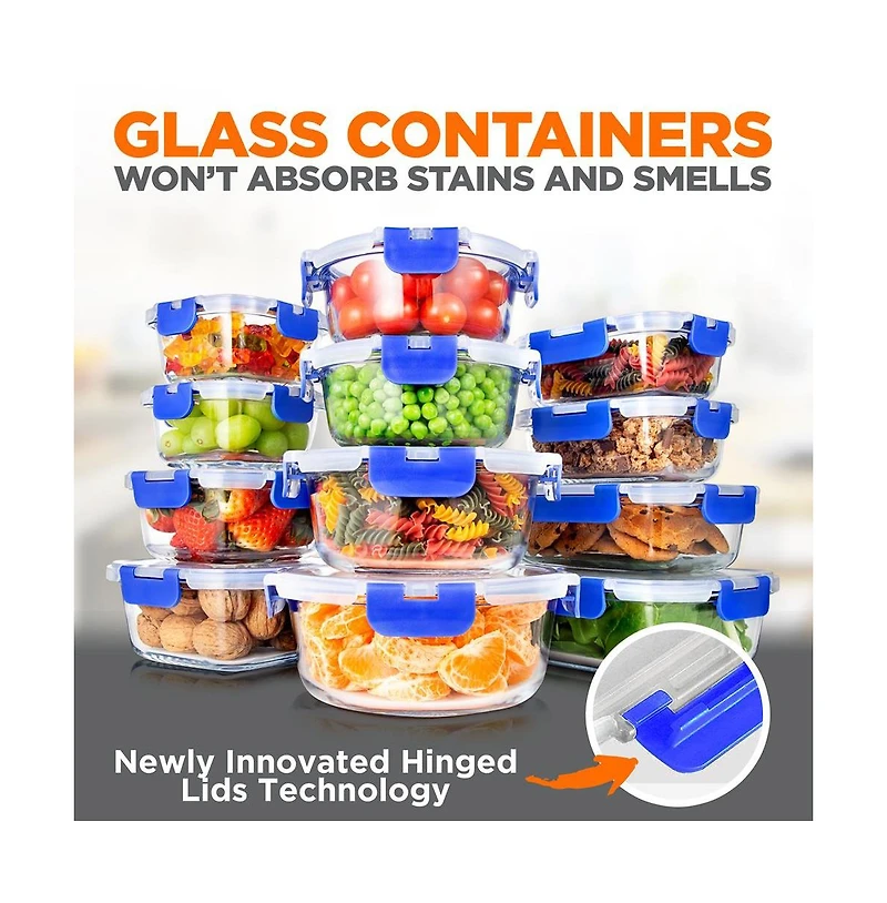 SereneLife 24-Piece Superior Glass Food Storage Containers with Bpa-Free Lids