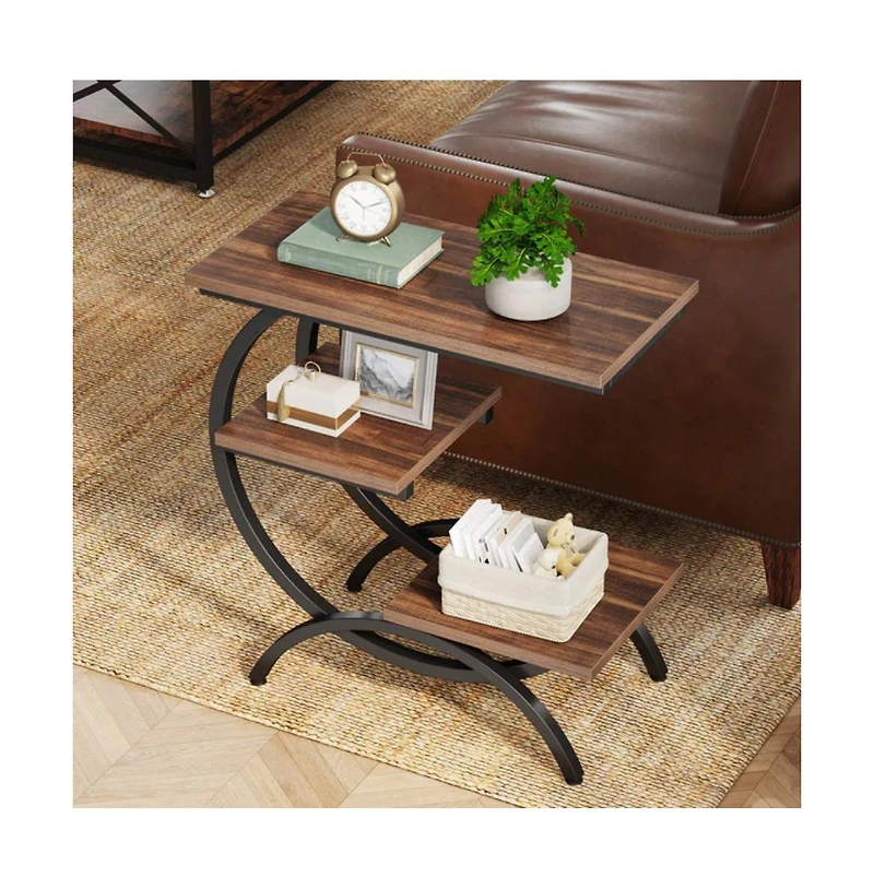 Slickblue C Shaped End Table with 3 Tier Storage for Small Spaces