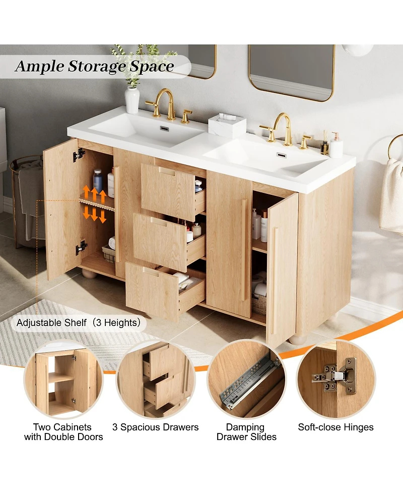 Sillysis 58 Inch Double Sink Bathroom Vanity Cabinet, Modern Wood Grain Freestanding, Soft Close Drawers, Cabinet Base Only