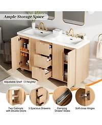 Sillysis 58 Inch Double Sink Bathroom Vanity Cabinet, Modern Wood Grain Freestanding, Soft Close Drawers, Cabinet Base Only