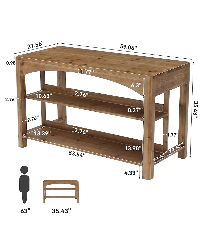 Tribesigns 3-Tier Solid Wood Kitchen Island, 59'' Stationary Island Table with Open Shelves, Large Prep Table