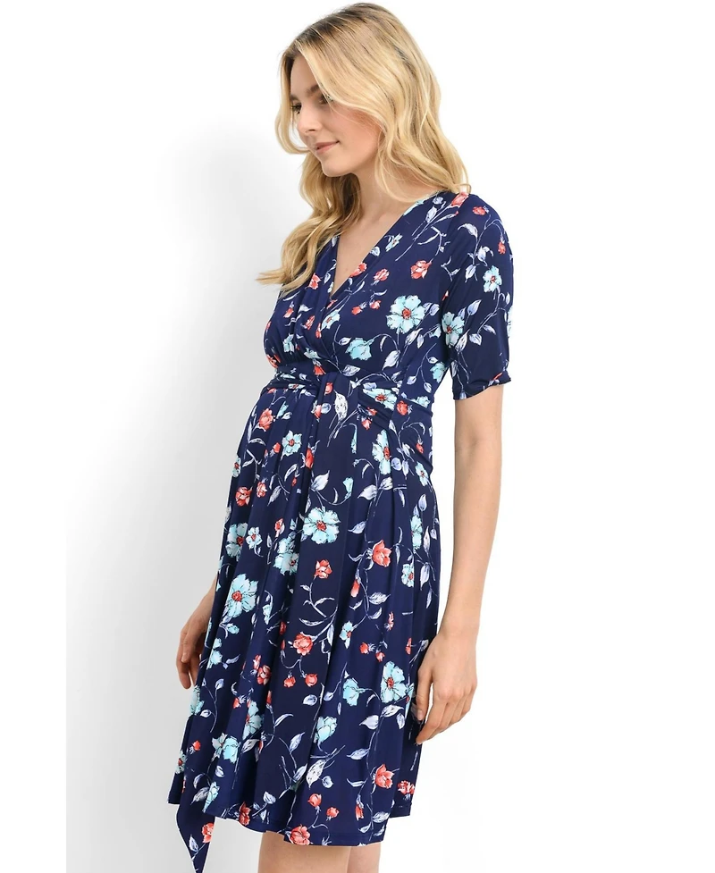 Hello Miz Maternity Floral Short Sleeve Nursing Dress with Waist Tie
