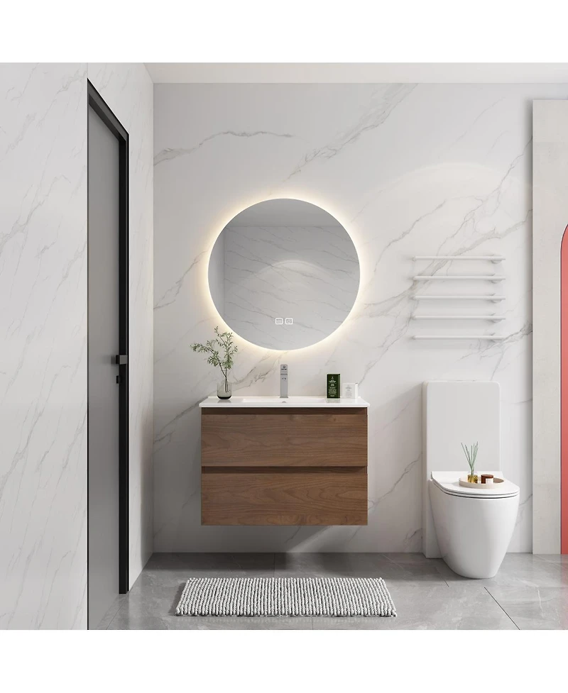 Sillysis Inch Wall Mounted Bathroom Vanity with Ceramic Sink, Soft Close Drawers and Wood Grain Plywood for Modern Bathrooms
