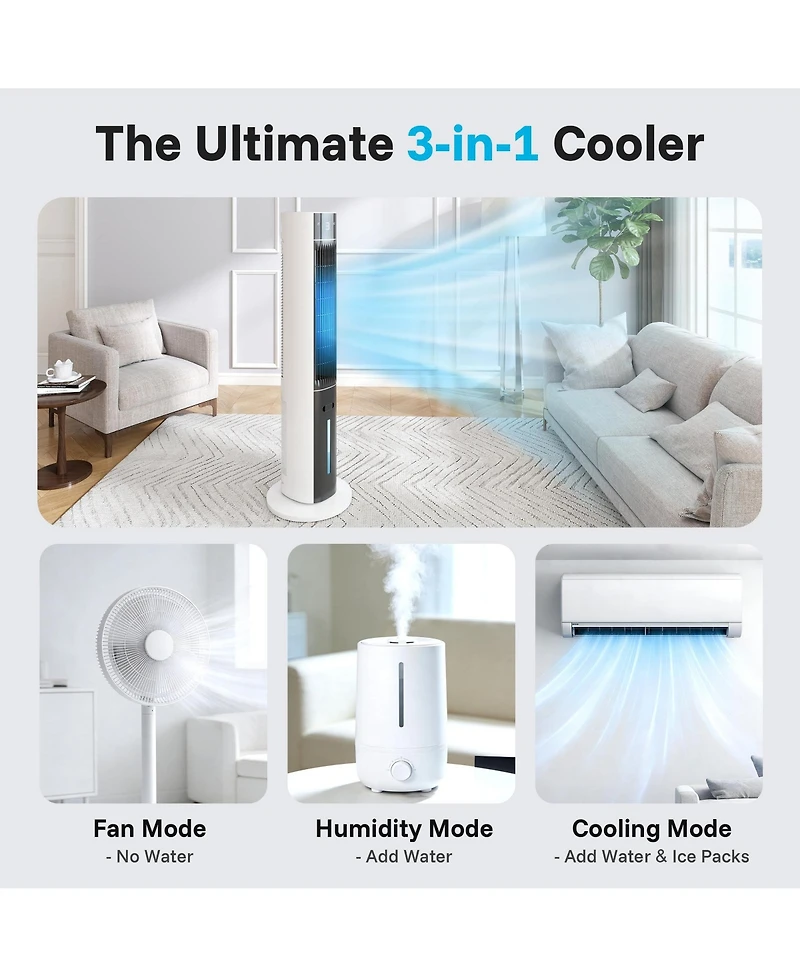 Etust Bladeless Tower Fan with Water Tank and 2 Ice Packs, Oscillating Air Cooler Fan with Remote Control