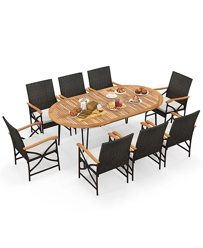 Gymax 9 Pcs Rattan Dining Set Acacia Wood Table and 8 Patio Wicker Armchairs Patio