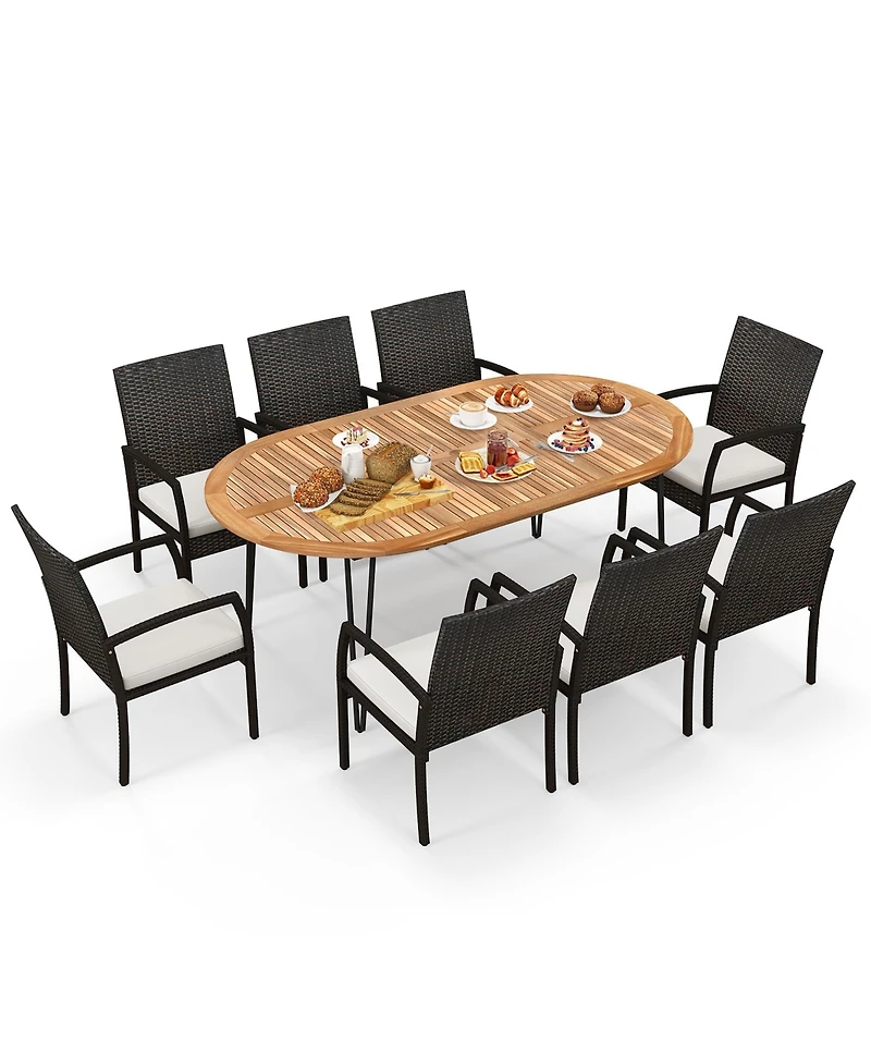 Gymax 9 Pcs Patio Rattan Dining Set Acacia Wood Table and 8 Patio Wicker Armchairs