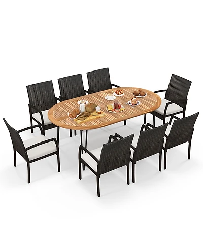 Gymax 9 Pcs Patio Rattan Dining Set Acacia Wood Table and 8 Patio Wicker Armchairs