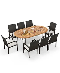 Gymax 9 Pcs Patio Rattan Dining Set Acacia Wood Table and 8 Patio Wicker Armchairs