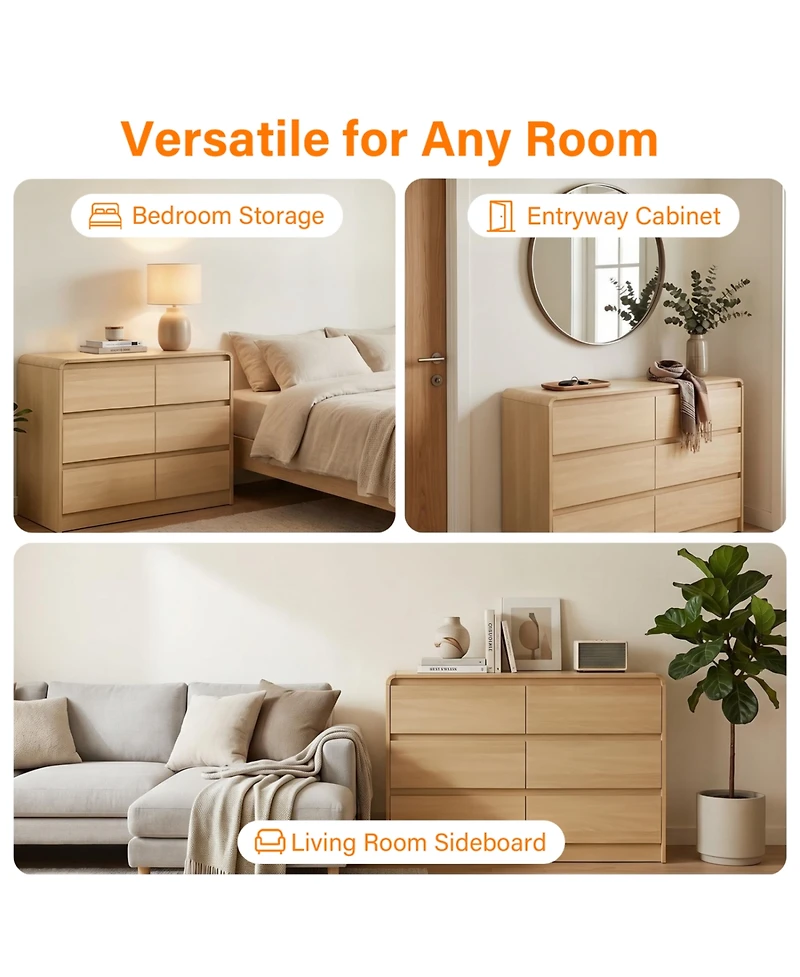 Rainsken Modern 6 Drawers Dresser, with Spacious Countertop, Curved Edge Design, Wood Storage Cabinet with Concealed Handles, for Bedroom,Living Room