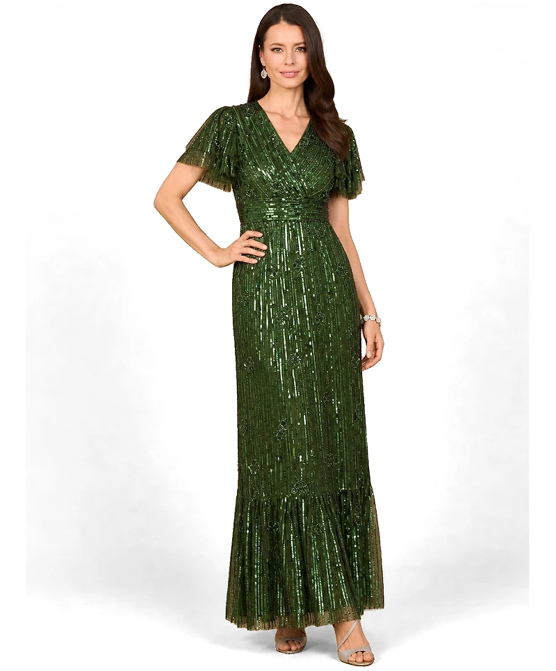 Lara Women's Elegant Beaded Gown with Flutter Sleeves