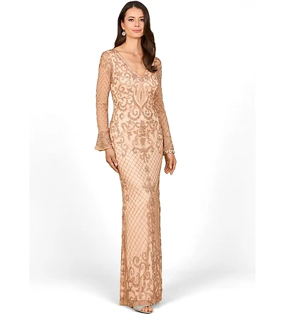 Lara Women's Beaded Long Sleeve V-Neck Gown