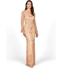 Lara Women's Beaded Long Sleeve V-Neck Gown