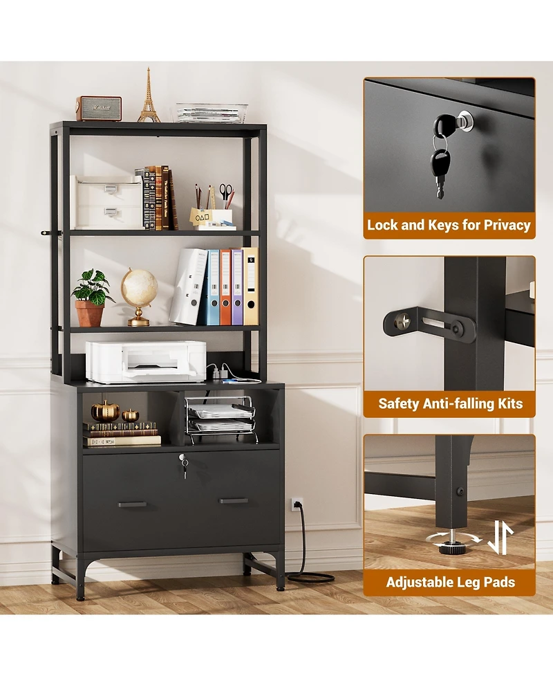 Aheaplus Storage File Cabinet with Hutch, Charging Station, Lock Drawers