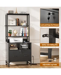 Aheaplus Storage File Cabinet with Hutch, Charging Station, Lock Drawers