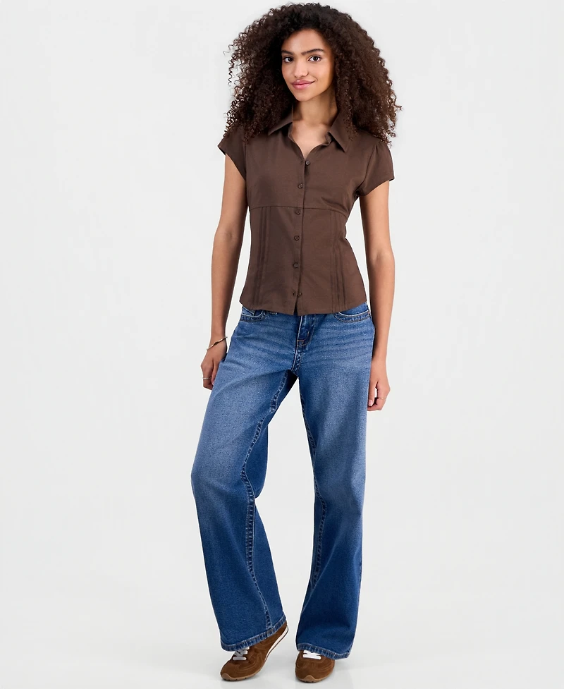 Madden Girl Juniors' Pleat Detail Button-Front Top