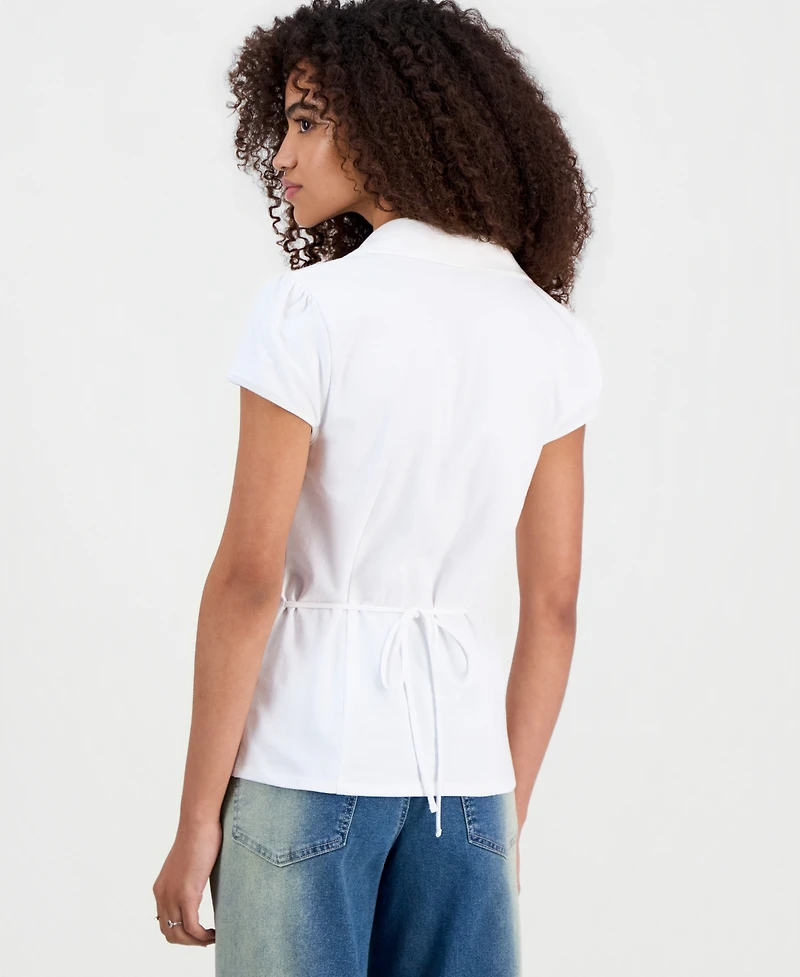 Madden Girl Juniors' Ruched Cap-Sleeve Button-Front Shirt