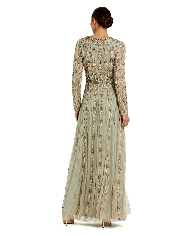 Mac Duggal Women's Embellished Mesh Long Sleeve Evening Gown