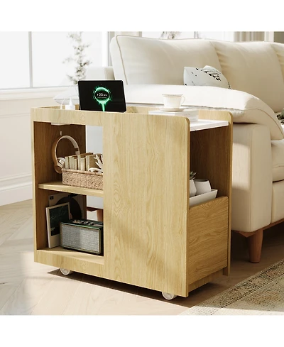 gaomon Sideboard with Charging Station, Side Table Drawer, 3 Level Adjustable Shelf, 2 Ac Outlets, Usb and Type-c Ports, Lockable Wheels