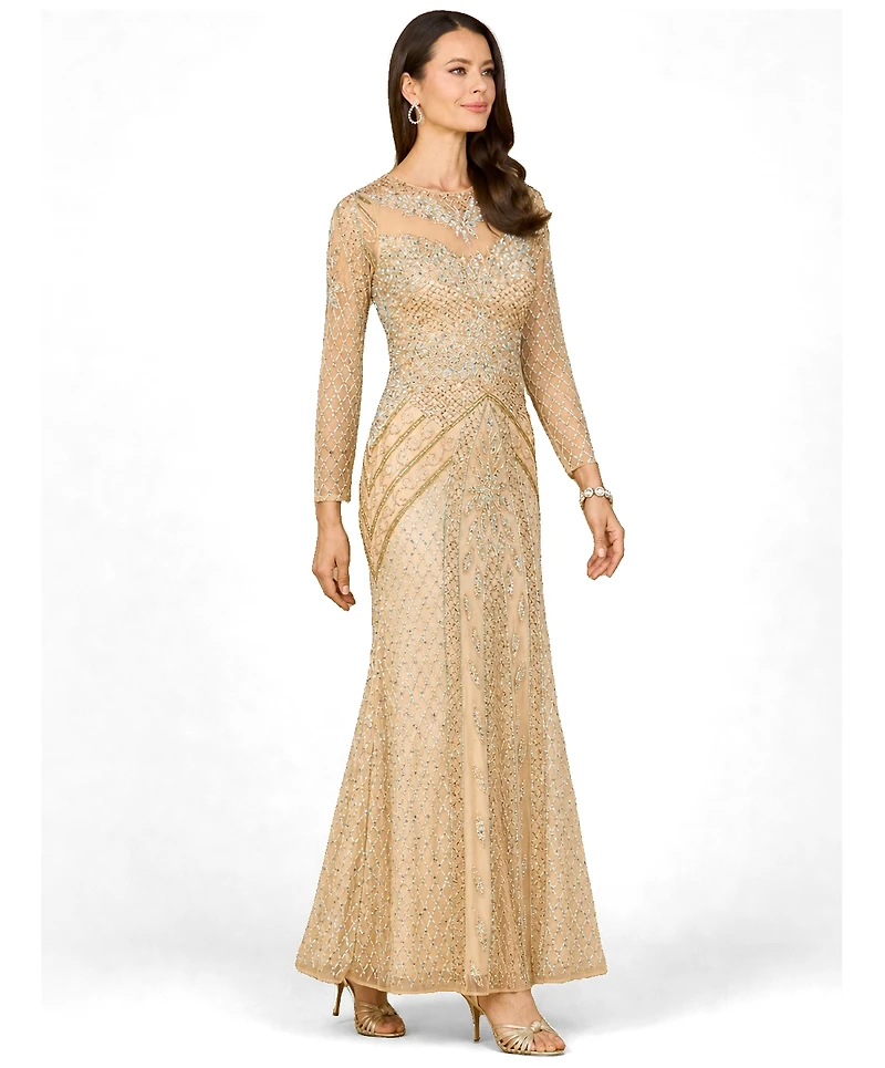 Lara Women's Illusion Neck Long Sleeve Beaded Gown