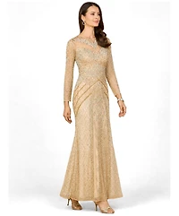 Lara Women's Illusion Neck Long Sleeve Beaded Gown