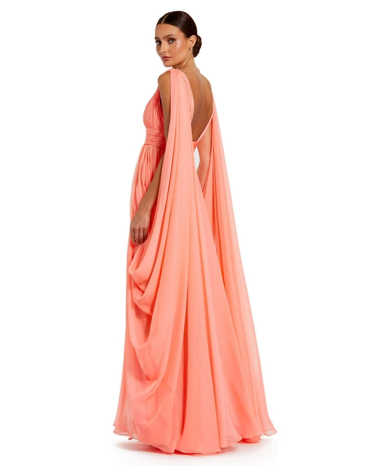 Mac Duggal Women's Pleated V-Neck Chiffon Cape Gown