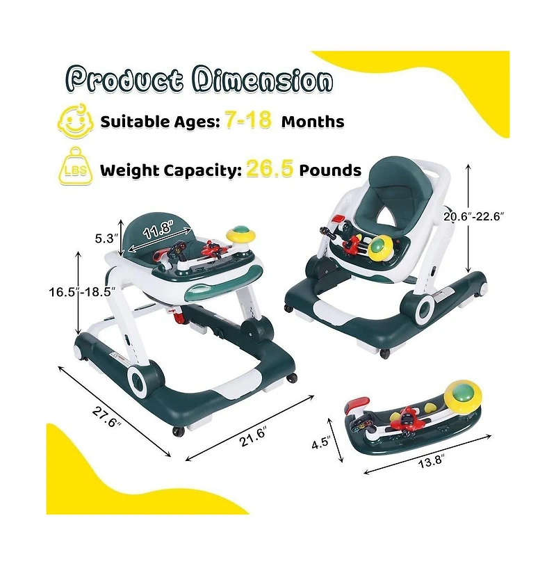 Kinder King 5-in-1 Baby Activity Walker with Music and Lights, Adjustable Height Safety Bumper