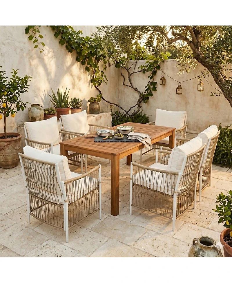 Asagikoiai 7-Piece Outdoor Dining Set with Acacia Table and Cushioned Rattan Armchairs