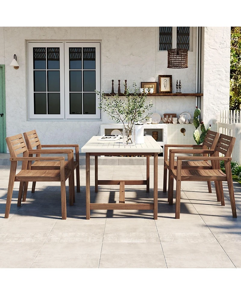 Asagikoiai 5-Piece Acacia Wood Outdoor Dining Set for 4, Patio Table with Umbrella Hole