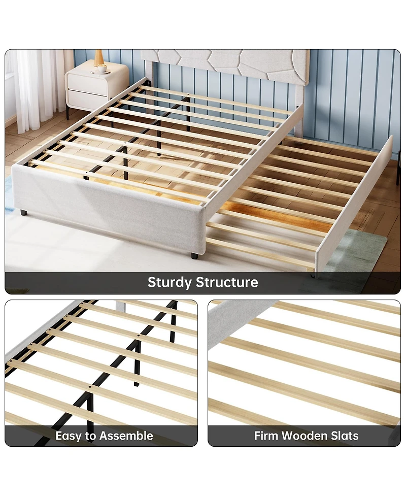 homfan Bed Frame with Trundle, Upholstered Platform Bed Frame, Pull Out Bed with Headboard, Wood Slat Support, for Bedroom