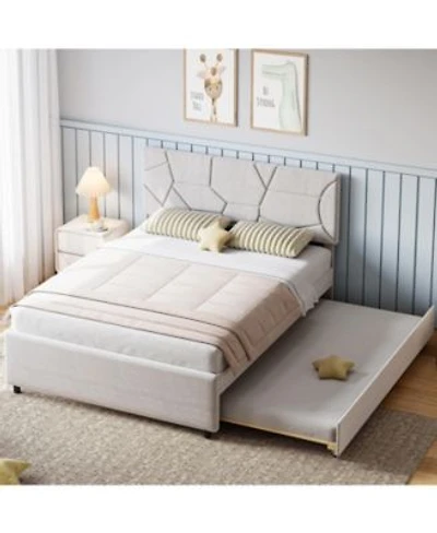 Homfan Bed Frame With Trundle Upholstered Platform Bed Frame Pull Out Bed With Headboard Wood Slat Support For Bedroom Living Room