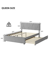 homfan Bed Frame with Trundle, Upholstered Platform Frame, Pull Out Headboard, Wood Slat Support, for Bedroom