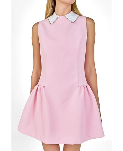 endless rose Women's Rhinestone Piping Collared Mini Pu Dress