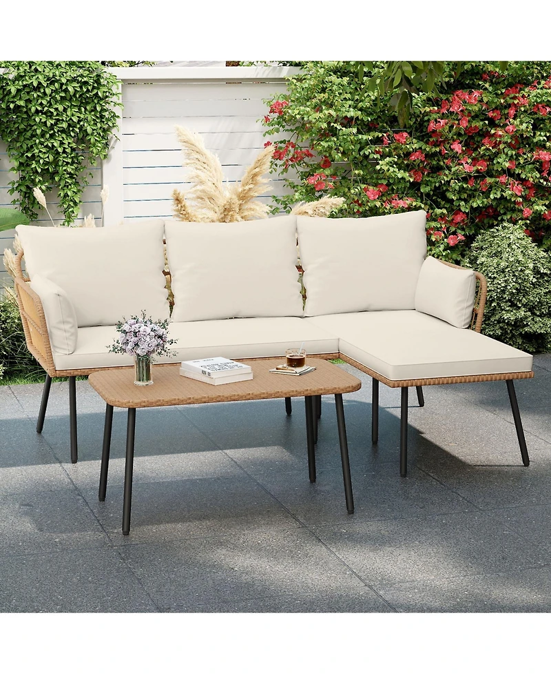 Gymax 3 Pieces L-Shaped Patio Furniture Set with Coffee Table Removable Cushions