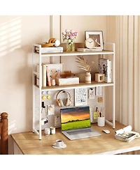 Gymax 2-Tier Countertop Desktop Bookshelf with Metal Pegboard 2 Anti-tipping Devices