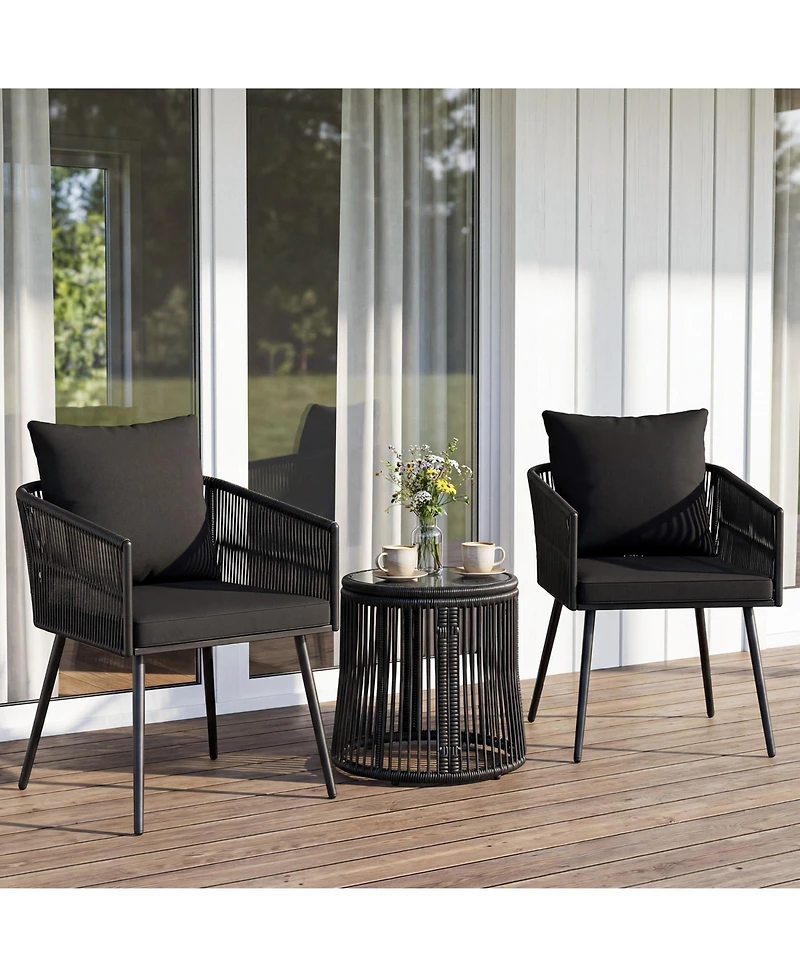 Gymax 3Pieces Outdoor Furniture Set Patio Wicker Chairs and Round Side Table Set with Cushions