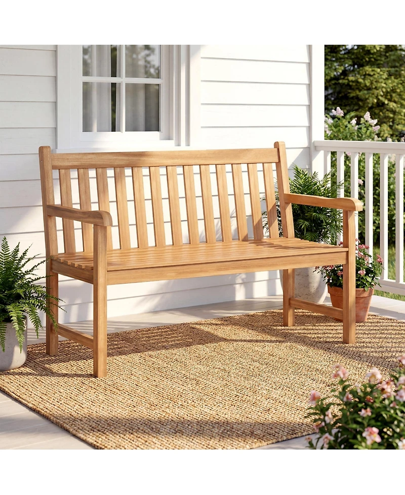 Gymax Teak Porch Bench 2-Person Solid Wood Garden Patio Bench w/ Backrest and Armrests