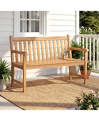 Gymax Teak Porch Bench 2-Person Solid Wood Garden Patio Bench w/ Backrest and Armrests