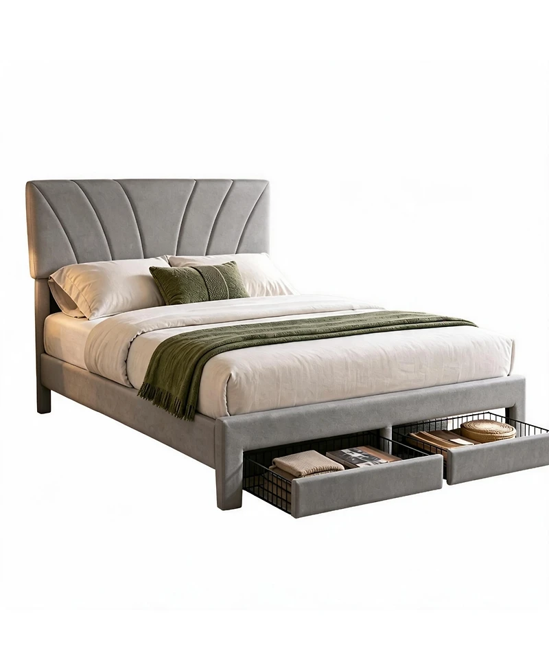 gaomon Velvet Upholstered Platform Bed with 2 Storage Drawers – Adjustable Headboard, No Box Spring Needed