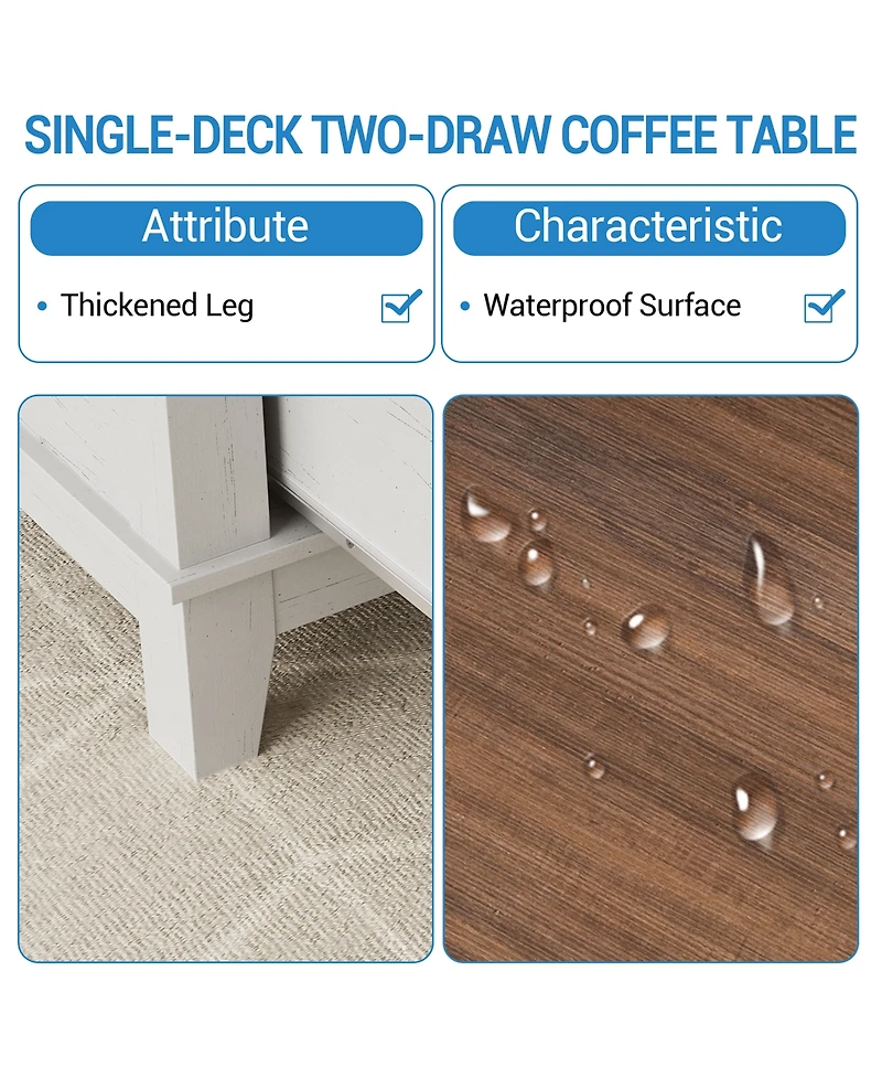 homfan Farmhouse Coffee Table With Drawers, 47.2" Center Table Rustic Coffee Tables Living Room Table, With Open Shelf and 6 Support Legs