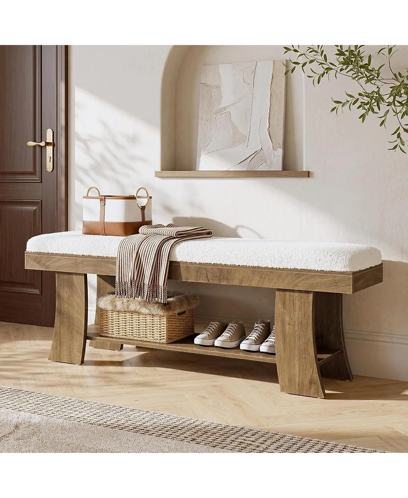 Tribesigns Upholstered Entryway Bench with Storage Shelf, Indoor Cushioned Shoe Bench Seat, Farmhouse Skinny End of Bed Benches