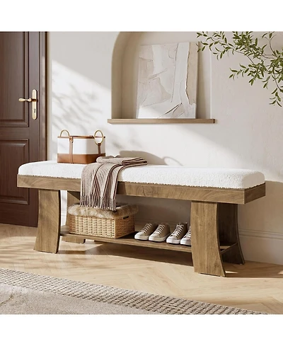 Tribesigns Upholstered Entryway Bench with Storage Shelf, Indoor Cushioned Shoe Bench Seat, Farmhouse Skinny End of Bed Benches