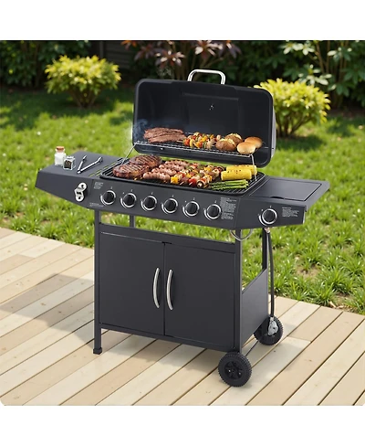Asagikoiai Outdoor 6 Burner Stainless Steel Barbecue Grill with Warming Rack, Side Burner and Wheels